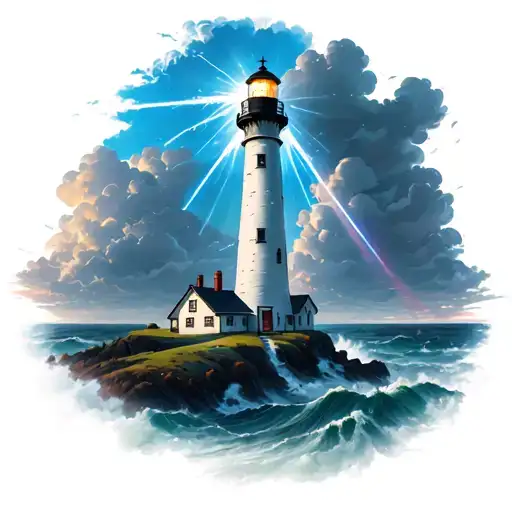 Lighthouse And Light Beams Shining Clouds