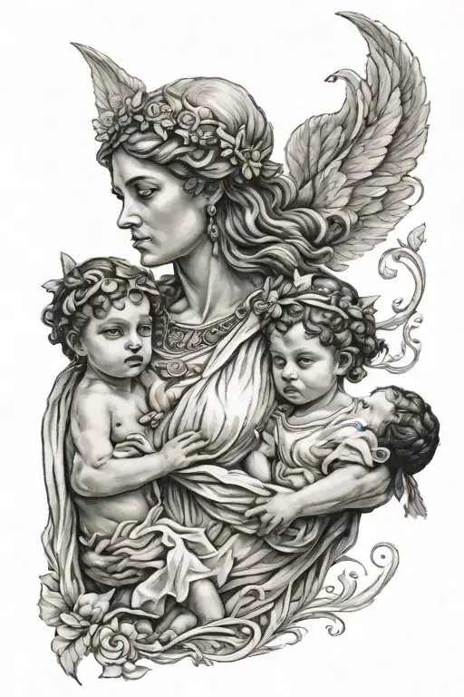 Greek Goddess Mythology Mother Holding A Baby Boy And A Little Girl