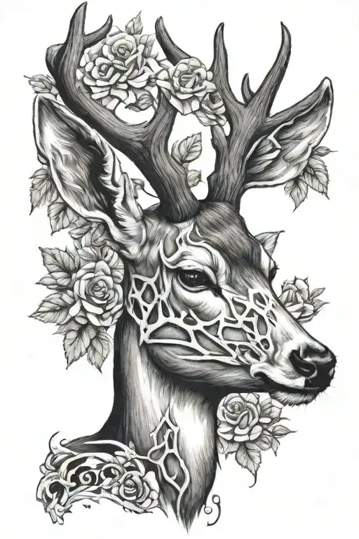 Black And White Deer Head With Half Skeleton Realistic