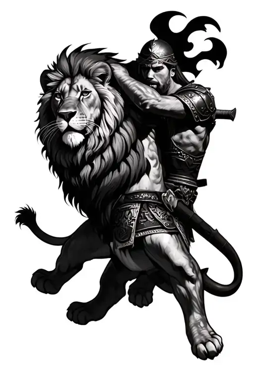 A Sketch Of A Lion Incorporated With A Warrior Battling