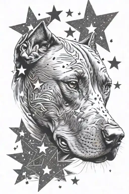 Graphite Pencil Style Pitbull Head With Stars As A Background