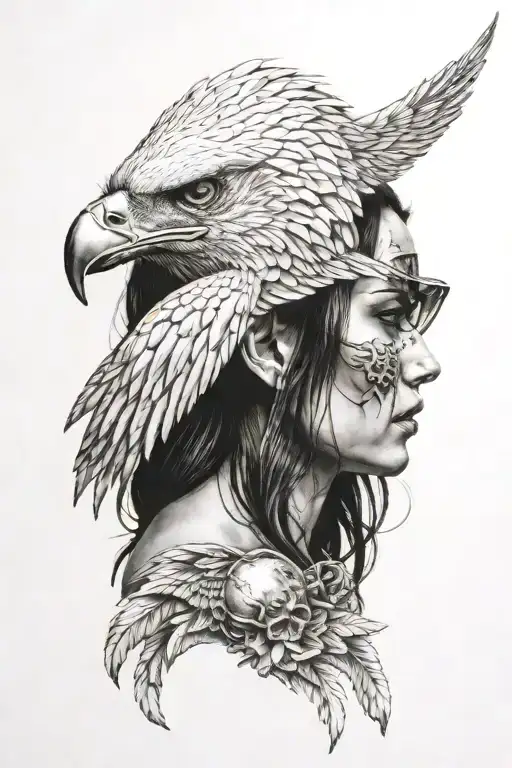 Half A Skull Half A Woman With An Eagle Underneath