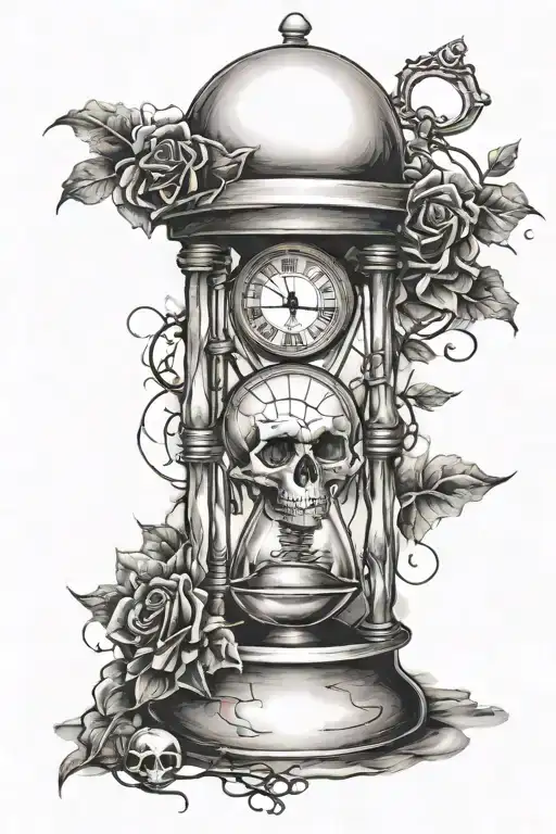 Hourglass With Clock On Top And Skull On Bottom With Barbed Wire Around It