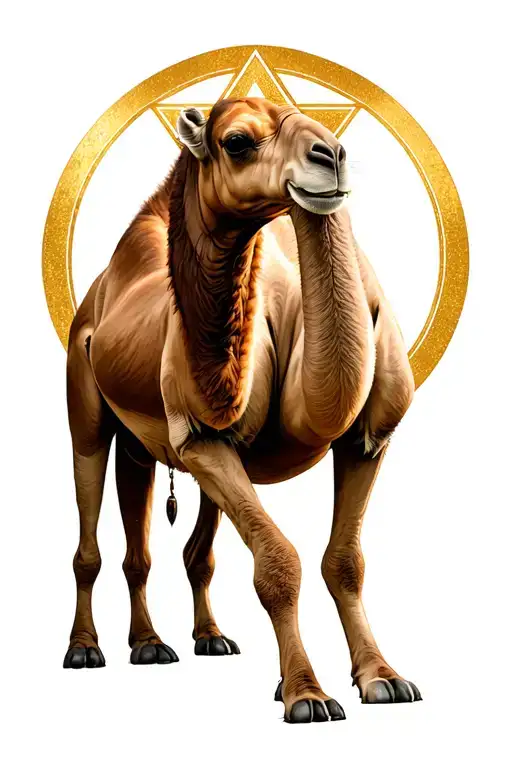 Brown Whole Body Camel In Front Of A Gold Circle Containing A Gold Triangle