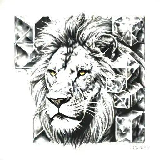 Lion Head With Dark Mane And 3 Cubes Surrounding