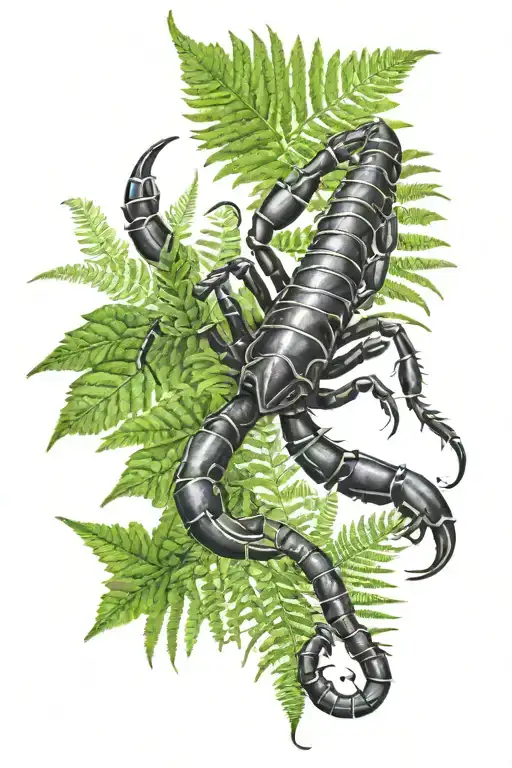 Leaves And Ferns With A Scorpion Crawling