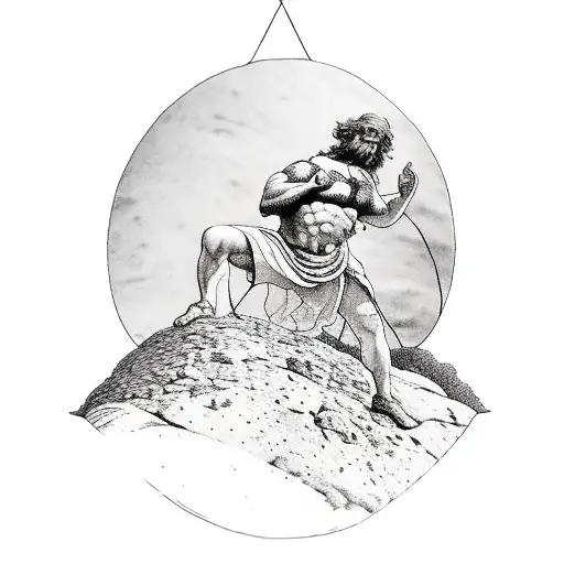 Sisyphus Climbing The Mountain With The Stone