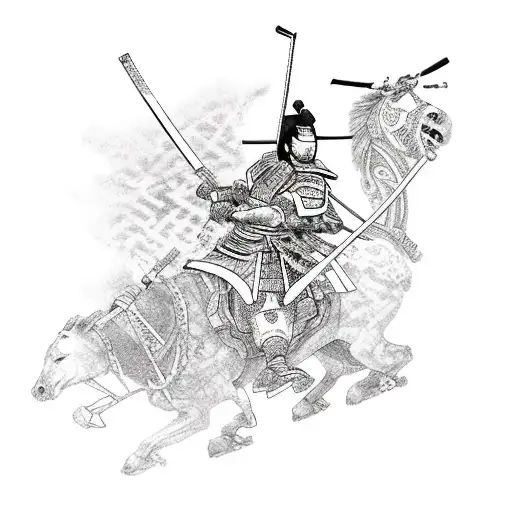 A Shogun Riding A Guitar With Samurai Warriors As The Strings