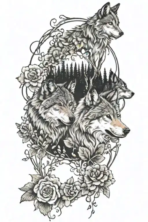 Wolf Forest Flowers Hearts Connected