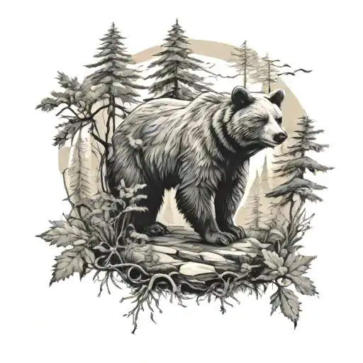 Forest Scene With Hidden Bear