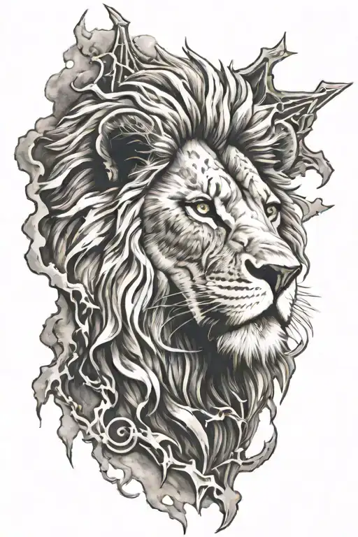Lion With Scars With Cross With Lightning Clouds In Background
