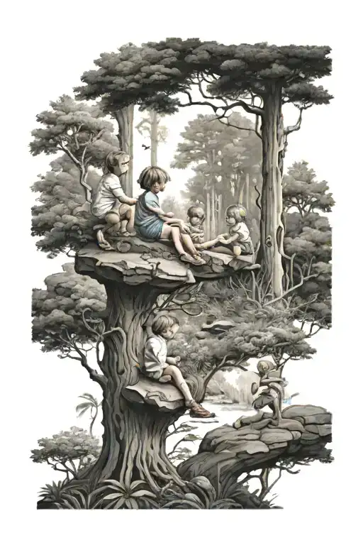 Three Children Playing In Forest Scene