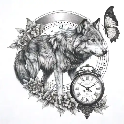 Wolf Clock Moon And Butterflies