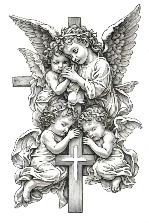 3 Baby Angels Surrounding A Cross