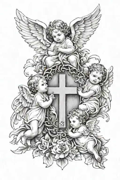 3 Baby Angels Surrounding Cross