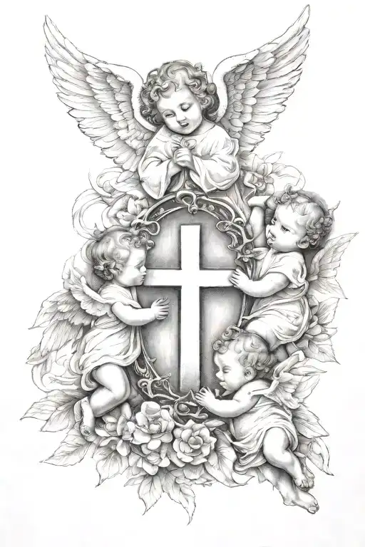 3 Baby Angels Surrounding Cross