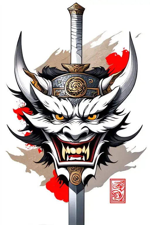 A Japanese Demon Mask With A Samurai Sword