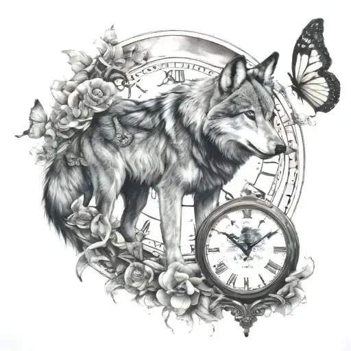 Wolf Clock Moon And Butterflies