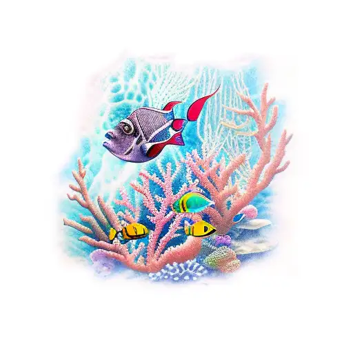 A Sleeve Tattoo Featuring A Vibrant Underwater Scene With Colorful Coral Reefs And Exotic Fish
