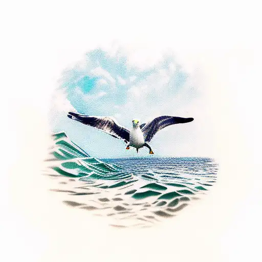 Seagull Diving Into The Ocean Alongside A Scuba Diver