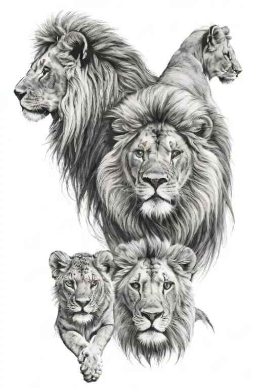 Male Lion With Two Cubs