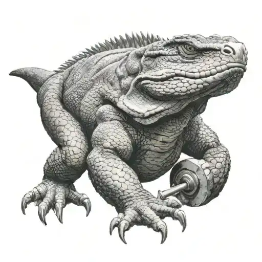 Humanized Komodo Dragon With Mouth Open Lifting Heavy Weights