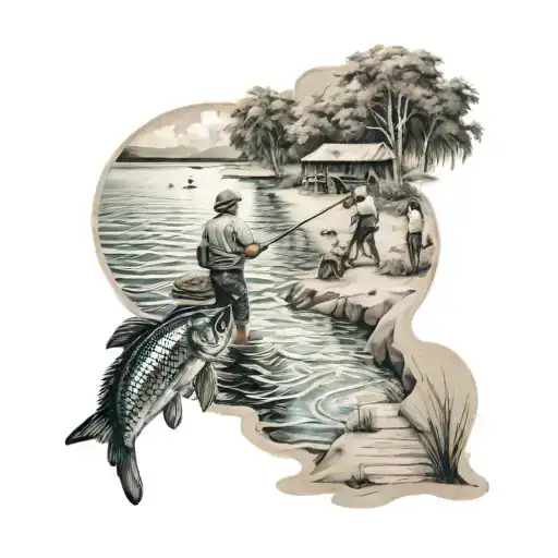 People Fishing Beach Lake Scene