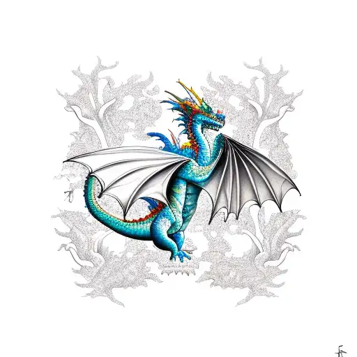 A Majestic Dragon Flying Over A Mystical Forest Filled With Giant Mushrooms And Colorful Flowers