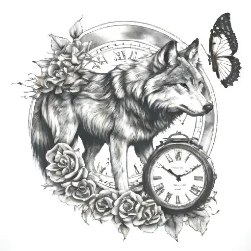 Wolf Clock Moon And Butterflies