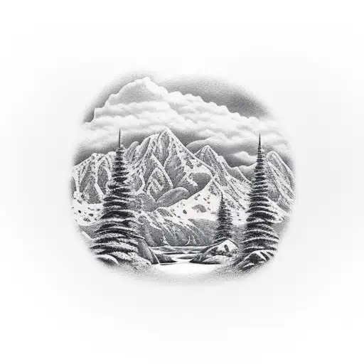 Mountain With Valley And River In Foreground