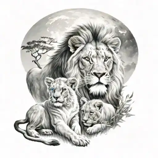 Lion With 3 Cubs Full Moon