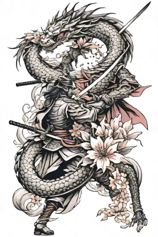 Samurai Battle With Dragon And Sakura