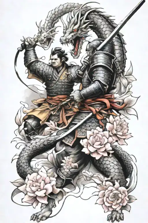 Samurai Battle With Dragon And Sakura