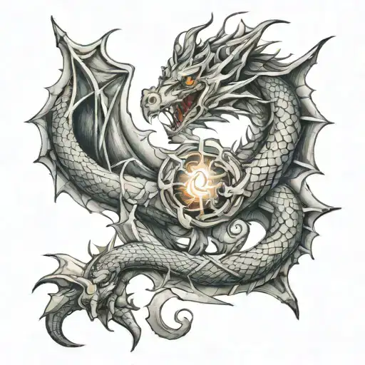 Dragon Breathing Fire Swirling Around A Sword Piercing