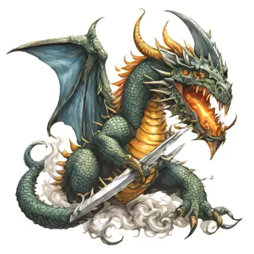 Dragon Breathing Fire Swirling Around A Sword Piercing