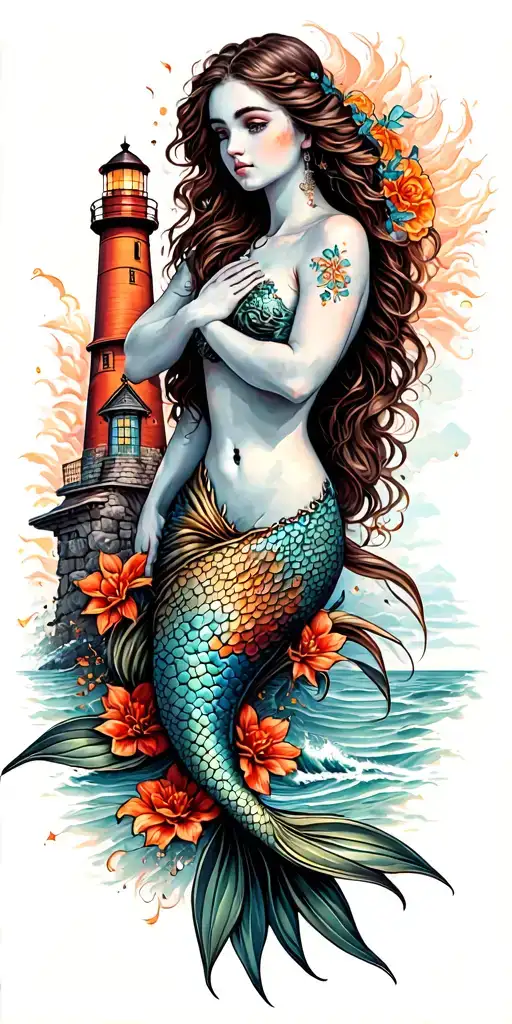 Mermaid And And Lighthouse Over Looking The Ocean