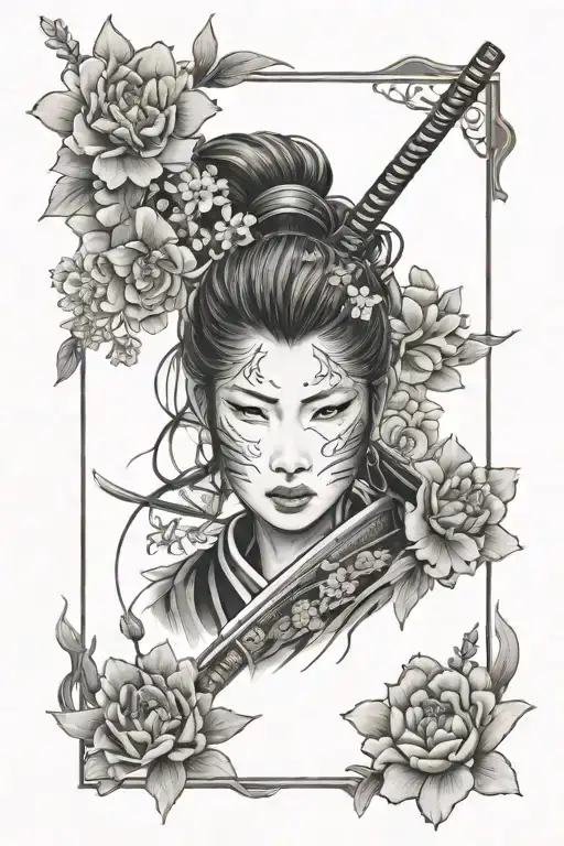 Female Samurai Face Surrounded By A Frame Containing Japanese Flowers And Other Iconography