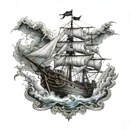 Pirate Ship Sailing Through Stormy Sea With Lightning