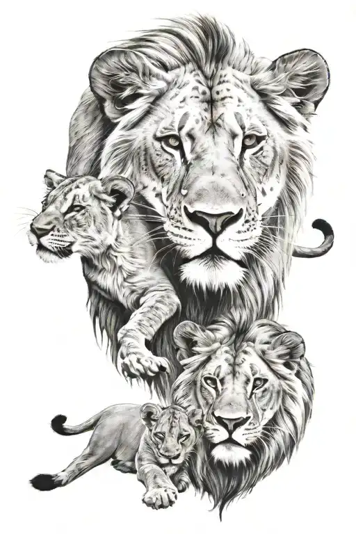 Male Lion With Scare On Eye Lioness With Three Cubs