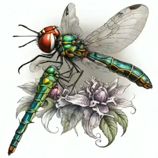 Dragon Fly With Humming Bird And Lady Bug Sitting Together