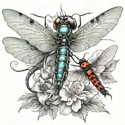 Dragon Fly And Humming Bird With Ladybug Sitting Together