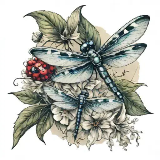 Dragon Fly And Humming Bird With Ladybug Sitting Side By Side