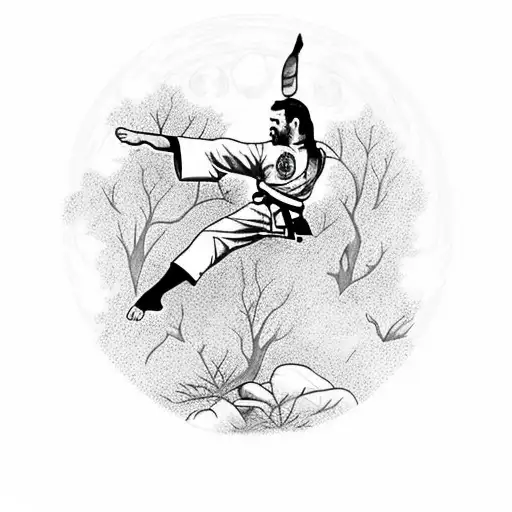 A Graceful Martial Artist Performing A High Kick In A Moonlit Forest