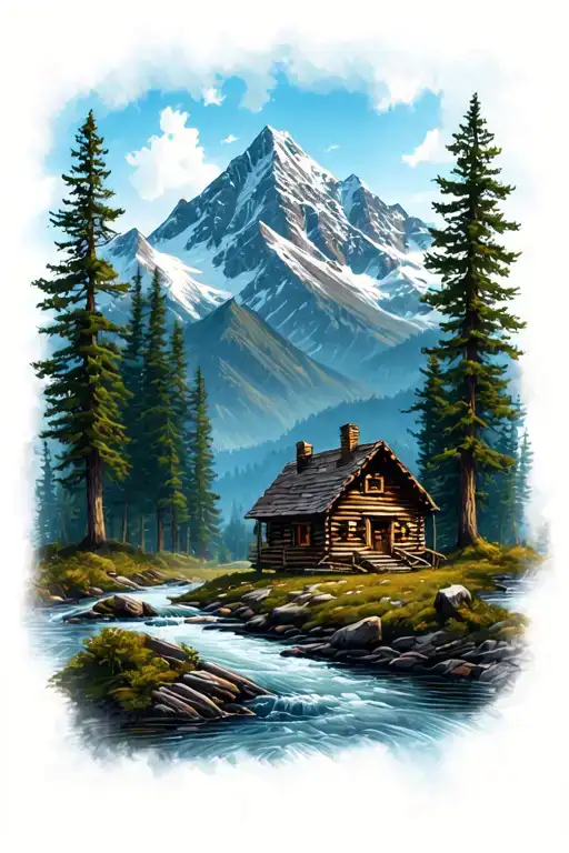 Mountain Scene With A River And A Cabin