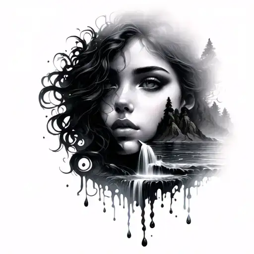 Silhouette Of Female Face Integrating A Landscape A Waterfall As A Tear