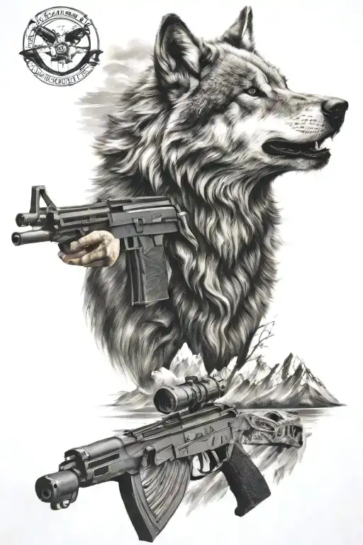 Wolf Tattoo With Mountains River And Ak47 Gun