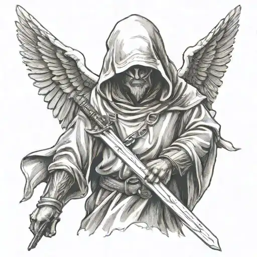 Hooded Guardian Angel With A Sword Facing Downward