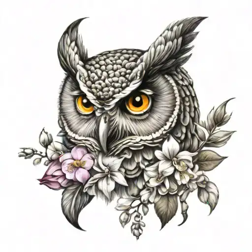 Owl On A Skull With Orchids And Flower