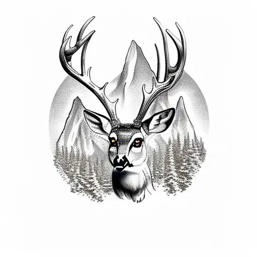 Deer With Majestic Antlers Of An Owl And Mountains In The Background