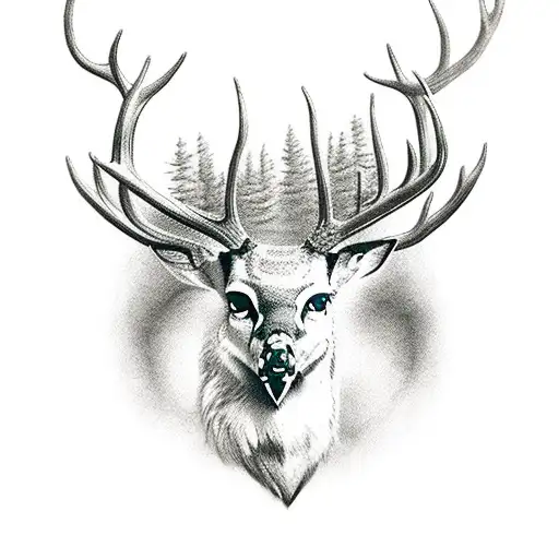 Epic Deer With Majestic Antlers Of An Owl And Mountains In The Background